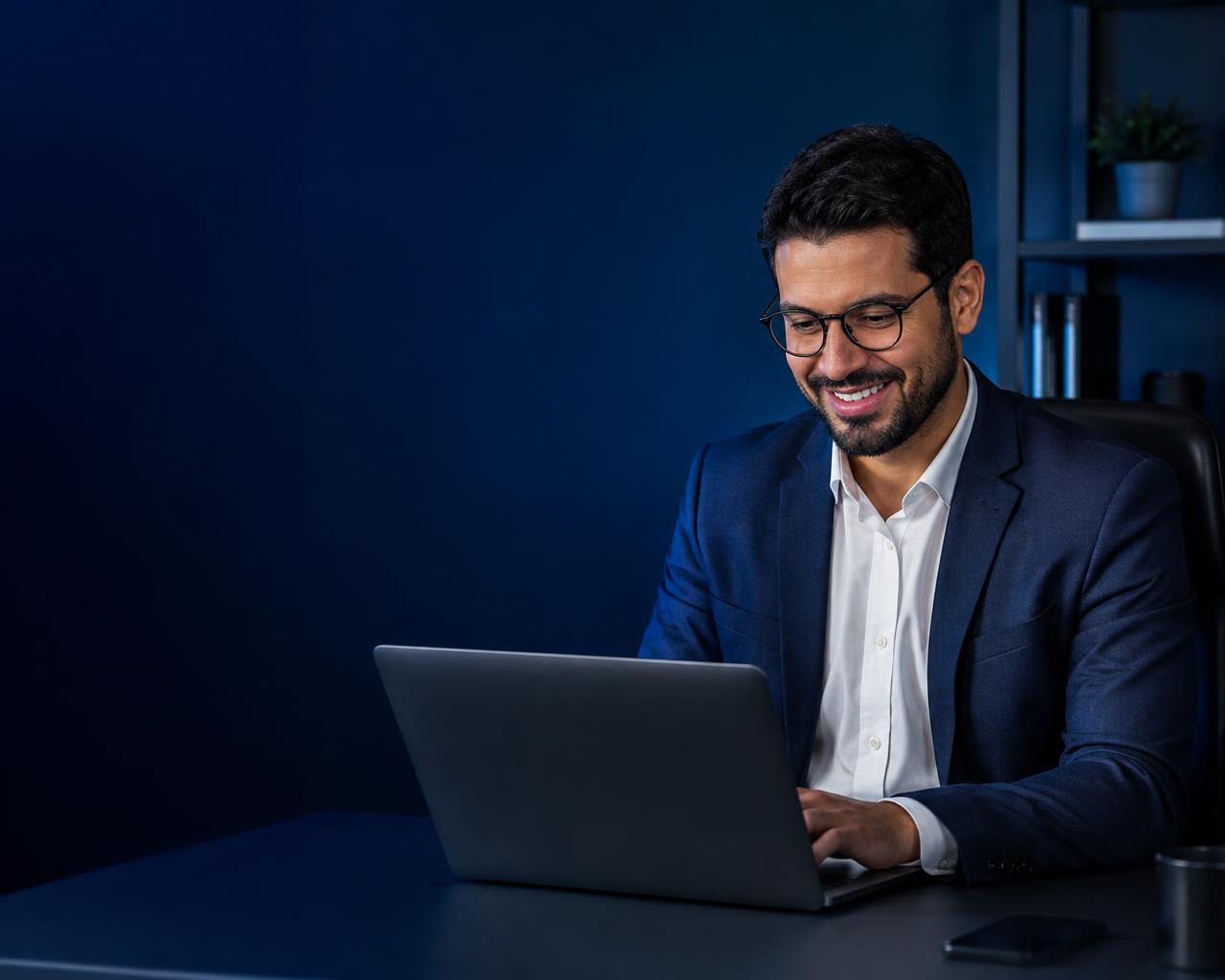Empresário brasileiro sorrindo enquanto usa o notebook