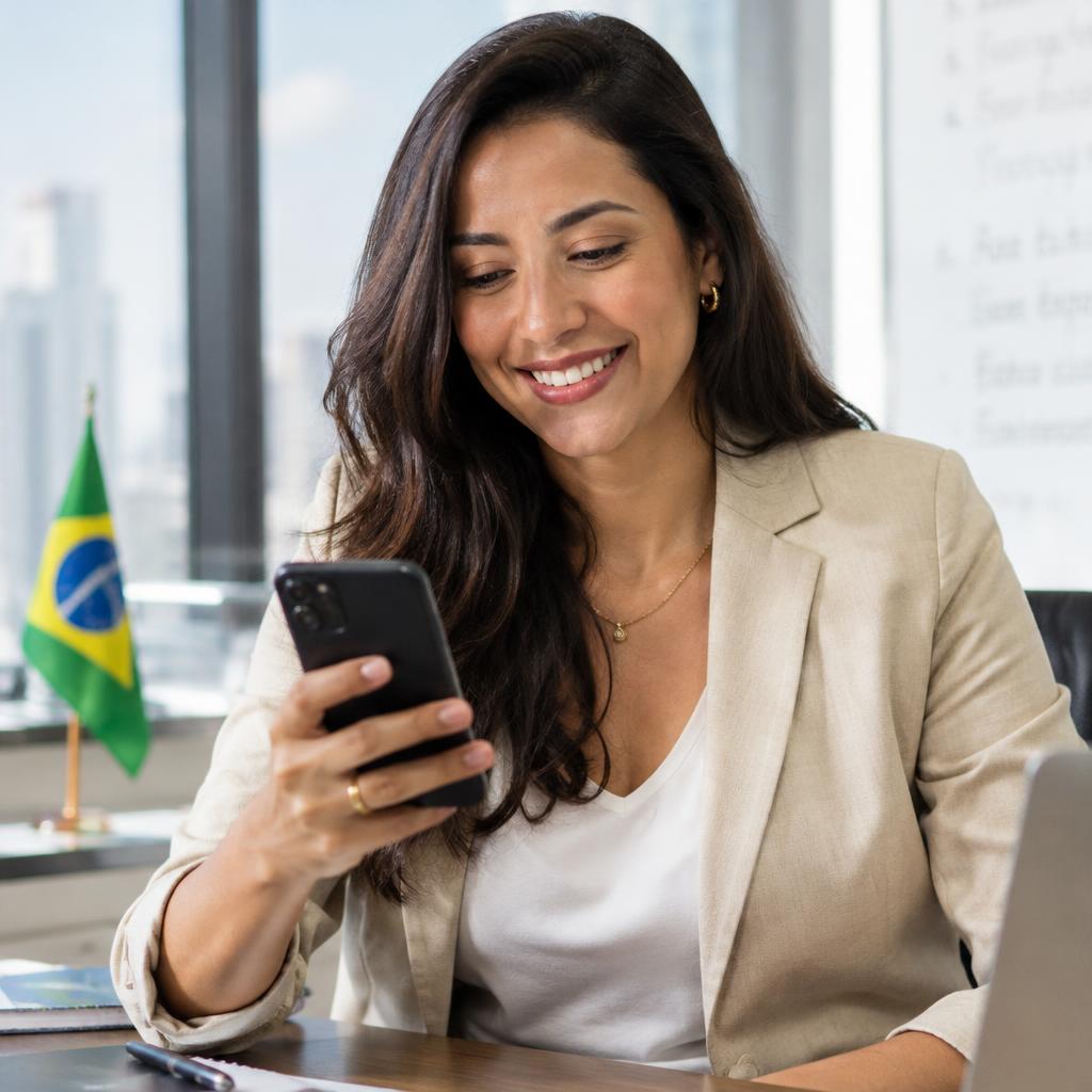Empresária brasileira usando o celular no escritório